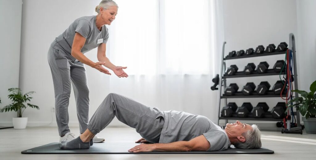 An older adult is performing a gentle bridge exercise on a mat, guided by a personal trainer in a clean, private studio. This scene emphasizes the importance of personalized fitness and senior fitness programs aimed at achieving health and fitness goals while ensuring safety and injury prevention.