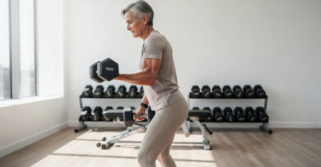 An individual in their 50s is executing a controlled dumbbell row exercise in a well-lit private training studio, emphasizing strength training and proper posture under the guidance of a certified personal trainer. This scene highlights the importance of personalized fitness programs for achieving health and fitness goals, especially in senior fitness.