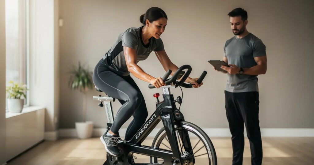A person is exercising on a stationary bike in a calm private studio, with a personal trainer nearby offering support and guidance. This session focuses on helping the individual achieve their health and fitness goals through a personalized fitness program tailored to their current fitness level.