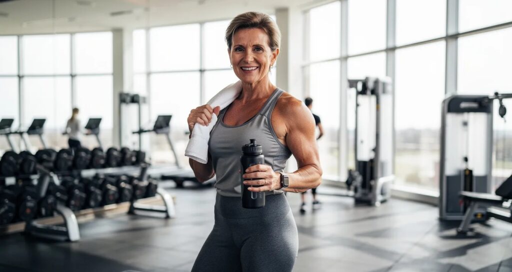A smiling woman in her 50s is engaged in a workout session in a bright, professional gym, showcasing her commitment to achieving her health and fitness goals. This environment promotes personalized fitness programs with certified personal trainers, helping her stay motivated and build muscle while focusing on optimal health.